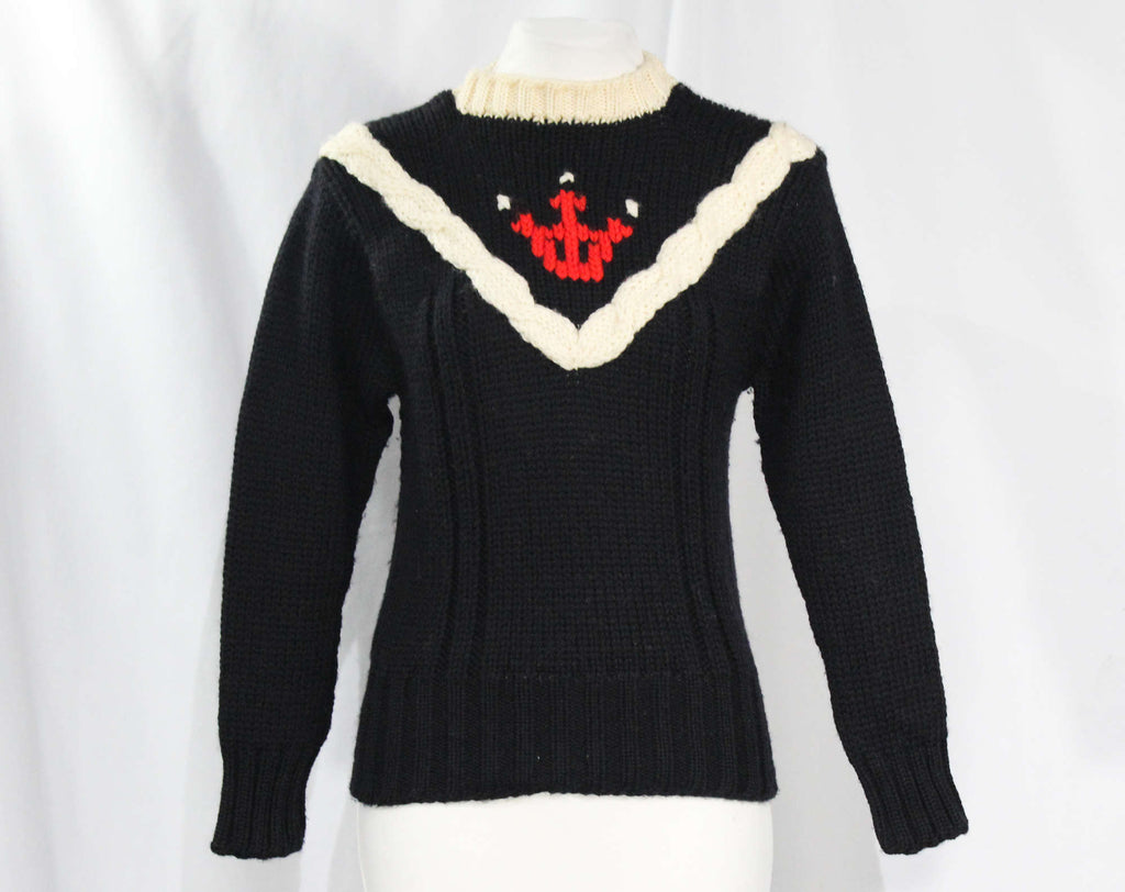 Size Small 1940s Nautical Sweater - WWII Era Black Knit 40s Pullover with Red Anchor Motif - Sailor Style V Cabling - Long Sleeve Winter