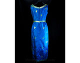 Size 10 Asian Evening Dress - Gorgeous Peacock Blue Silk & Metallic Brocade - Sleeveless 60s Formal Gown - 1950s 1960s Bombshell - Waist 28