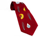1940s Men's Seashells Tie - 40s Rayon Novelty Print Necktie - Brick Red with Luminous Hand Painted Sea Shells & Glitter - California Label