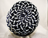 Sassy 60s Navy & White Hat - Mod Striped Bucket Style 60s Summer Cloche with Ribbon Bow - Sharp Convertible Brim - Plaid Look Weave