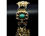 1950s Baroque Style Bracelet - Ornate Victorian Inspired Gold Hue Filigree - Marbled Green Oval Cabochons - 50s 60s Antique Look Panels
