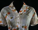 Size 12 Asian Leaves 1970s Top - Short Sleeved 70s Shirt - Beige Orange & Brown Artsy Japanese - Summer Casual Eastern Print - Bust 38.5