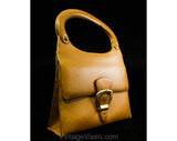 60s Haute Italian Mod Leather Handbag - Caramel Tan Purse with Modernist Brass Buckle - 1960s Brown Bag with Molded Handle - Made in Italy