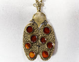 70s Pendant Necklace - Novelty Ladybug Design with Jointed Moveable Parts - Goldtone Metal Insect - Amber Spotted Bug - 1960s 1970s Jewelry