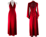 Size 2 Red 1970s Halter Dress with Boho Hippie Medallion Jacket - Small Sexy 70s Boho Festival - See Through Lace - Witchy Sleeves - Bust 32