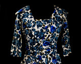Size 10 Roses Silk Dress - Medium 1950s Cocktail Dress by Luisa Spagnoli - Blue Gray White - 50s Haute Quality Italian Deadstock - Waist 28