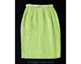 Size 4 Apple Green Skirt - 1960s Pistachio Faux Linen Tweed Office Skirt with Preppie Ribbon Belt - 60s NOS Deadstock with Tag - Waist 24.5