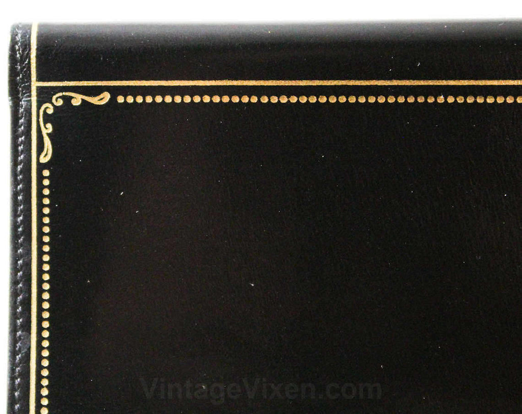 1940s Fine Black Wallet - Exquisite Italian Leather with Gold Flourish Border - Made in Italy - 40s 50s Deadstock - Beautiful Gift Idea