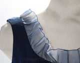 Size 8 Evening Dress - Navy Blue Silk Formal Gown - Picturesque 1960s Sleeveless Summer Dress - Organza Ruffles & Flower Corsage - Bust 35.5