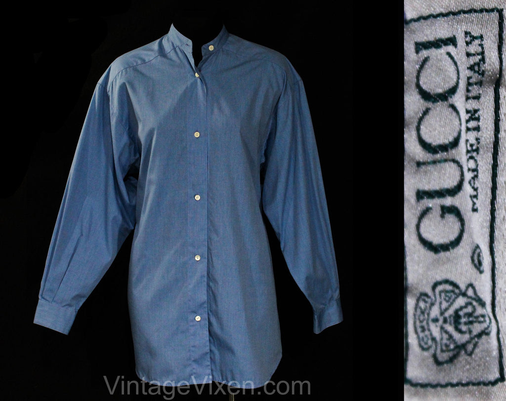 Large 1990s Gucci Blouse - Classic Blue Cotton Ladies' Dress Shirt with Henley Collar - Cuffed Long Sleeves - Minimalist Modern - Bust 41