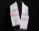 Exquisite Thai Silk Shawl - Luminous White Pink & Mint Green Handwoven Wrap - 1950s 1960s Rectangular Scarf with Fringe - Spring Summer Sash