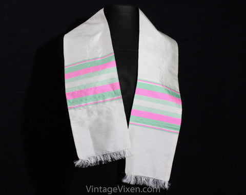 Exquisite Thai Silk Shawl - Luminous White Pink & Mint Green Handwoven Wrap - 1950s 1960s Rectangular Scarf with Fringe - Spring Summer Sash