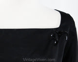 Size 6 Black Satin 50s Party Dress - Small 1950s Cocktail with Sequin Flourishes - Fitted Bodice Square Neckline Full Skirt - Waist 25.5