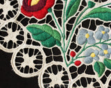1930s 40s Embroidered Lace Centerpiece - Hand Sewn German European Embroidery - Round Doily Handmade Lace - Red Pink Green Blue Botanical