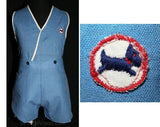 Boys Size 4 30s Play Outfit - 1930s Boy's Blue Linen Play Set with Navy Dog Logo - Boys' Childrens 4T Deadstock - Authentic - 26859-1