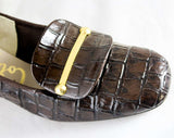 Size 8 1960s Shoes - Dark Brown Faux Alligator Pumps - Mod 60s Vegan Shoes with Brassy Gold Details - AA Narrow Width - Unworn NOS Deadstock