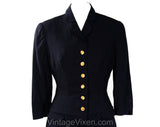 Size 2 Navy 1950s Suit - XS Small 50s Dark Blue Tailored Jacket & Fitted Skirt - Spiral Gold Buttons and Scallops - RothLeCover - Waist 24