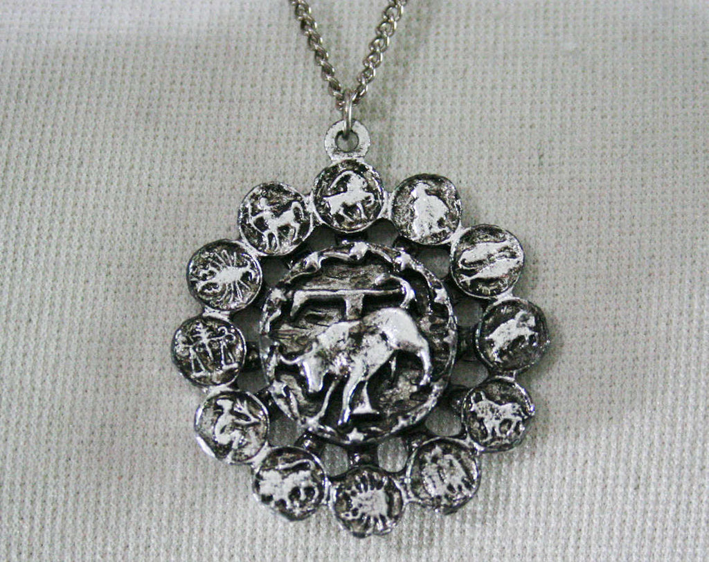 Vintage 1970s Zodiac Necklace - Taurus - April 20 to May 20 - Necklace - Spring - Silvertone Metal - 1970s - Birthday - Giftable - 44435