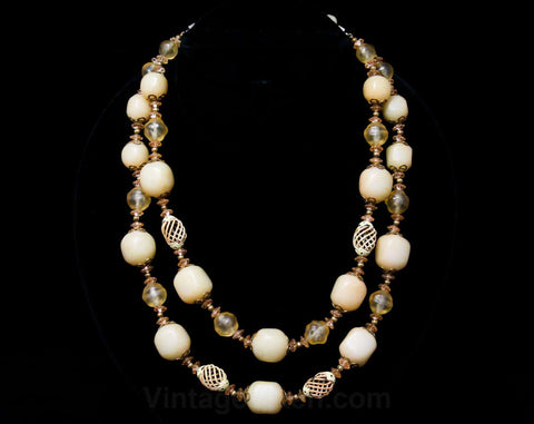 Ecru & Filigree Necklace - 60s Cage Style Beads - Misty Clear Beads - All Season Neutral Classic - Double Two Strand - 1960s Secretary Chic
