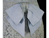 Size 6 Lace Cocktail Dress - 1950s Powder Blue Fitted Special Occasion Dress with Sheer Beaded Bodice - Short Sleeve - Swag Bow - Waist 26.5