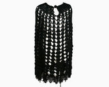 Bewitching Black Crochet Cape with Fringe - Any Size Small - Medium - Large - See Through - Hippie - Boho - 60s - Fall - Casual - 31199-1
