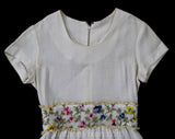 Size 8 10 Girls Summer Dress - 1960s Short Sleeved White Linen Look with Colorful Embroidered Pansy Flowers - Childrens 60s - Bust 29.5