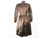 Size 8 Designer Cocktail Dress - 1970s Mod Chocolate Brown Satin with Couture Finishing - Zip Front - Larry Aldrich - Waist 27