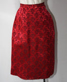 XXS 1960s Rose & Black Satin Brocade Dress - Size 0 - Red Short Sleeve Top and Skirt - Mint Condition - Waist 23 - Deadstock - 36589