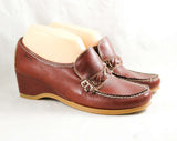 Size 7 1/2 Leather Shoes - Beautiful Quality Loafer Wedges - Fine Cognac Brown Leather - Braid Trim & Wedge Heel - 80s Deadstock - 47718