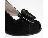 Size 5 1930s Black Suede Peep Toe Shoes with Bows - Glam Authentic 30s 40s High Heels - Hollywood Starlet Style NOS Deadstock - Unworn