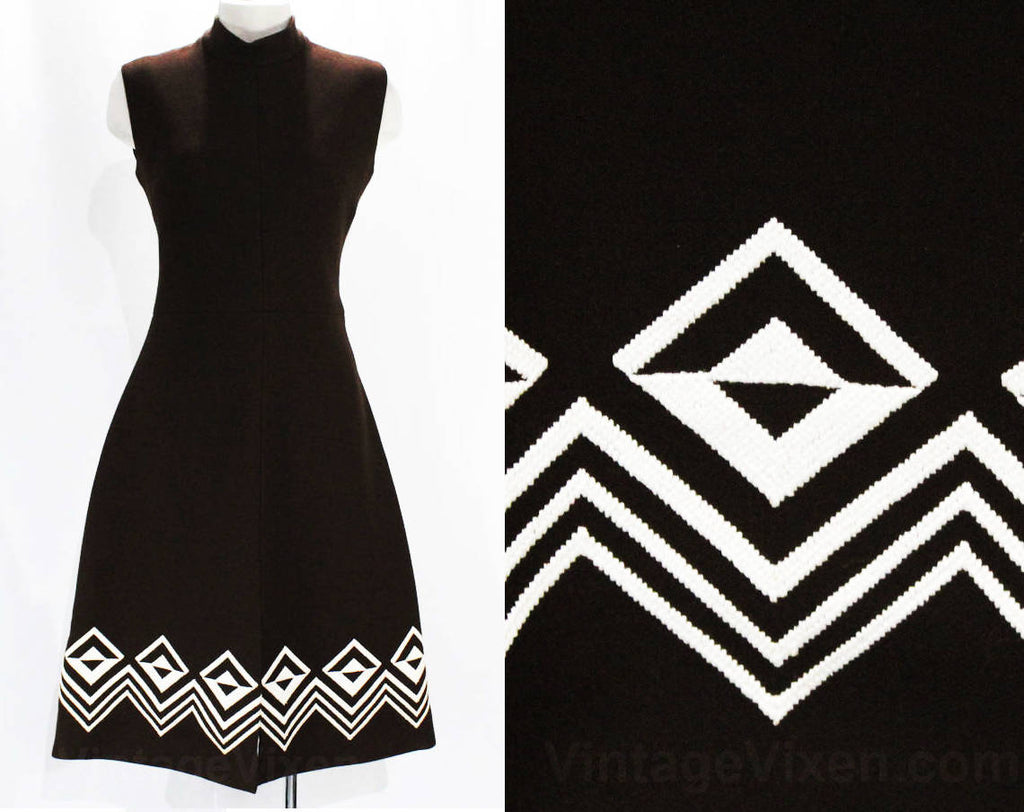 Size 6 1960s Dress - Chocolate Brown Wool 60s Mod Geometric White Embroidery - Sleeveless Bodice - Haute Label Bergdorf Goodman - Bust 33.5