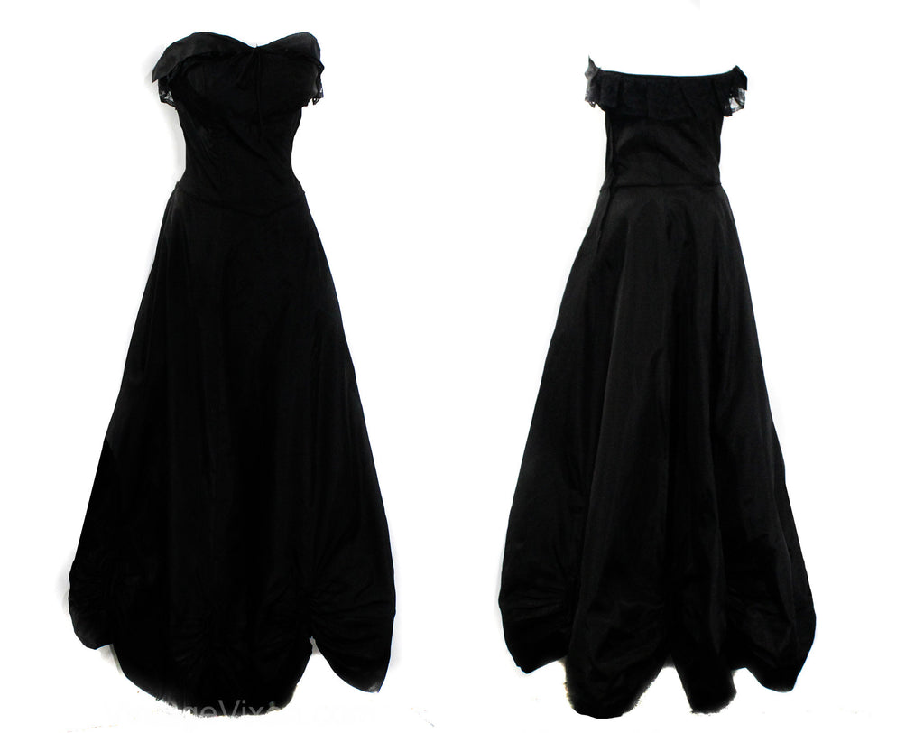 Size 2 1940s Evening Dress - XS Black Taffeta Authentic 30s 40s Formal Gown - Strapless or Straps - Lace Bust & Flounced Hem with Cinch Bows