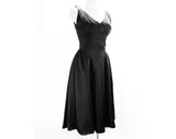 Size 6 Black Satin 50s Cocktail Dress - 1950s Party - Sculpted Architectural Details - Beautiful Fit & Flare Ballerina Silhouette - Bust 34