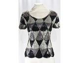 Size 4 Beaded Cocktail Top - Silver Grey & Black Sequins - 1980s Deco Disco Short Sleeve Gray Blouse - 1920s Flapper Style Party - Bust 34