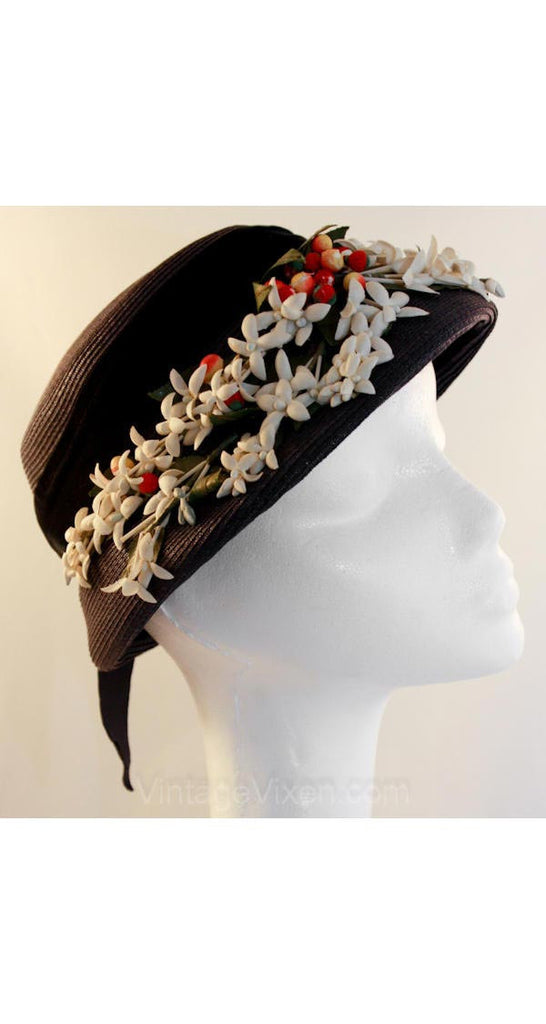 Springtime 1950s Navy Straw Hat with Berries & Flowers - 50s Hat - Cottage Chic - Close-Fit - Blue - Spring - Summer - Bonnet Like - 35964-1