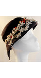 Springtime 1950s Navy Straw Hat with Berries & Flowers - 50s Hat - Cottage Chic - Close-Fit - Blue - Spring - Summer - Bonnet Like - 35964-1