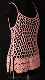 Size 6 Hippie Chic Pink See-Through Crochet Top - Sheer Fish Net Summer Tank - Boho 1970s Spring Knit - Mint Condition - Bust 36 - 36956-1