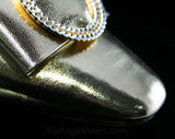 1960s Glam Gold Pumps - Size 6 Shoes - 60s Low Heels - Metallic Gold Vinyl - Buckled Bow - Cocktail Hour - Unworn - 6M Deadstock - 43166-1