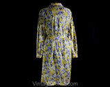 Size 12 Floral Gauze Dress - Made In Italy - Purple & Yellow Flowers Long Sleeve - Medium Large Print Cotton Summer Dress - Bust 40 - 50795