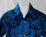 Men's Small Hawaiian Style Shirt - 50s Turquoise Blue & Metallic Gold Hibiscus Print - Short Sleeve Summer 1950s California Label - Chest 38
