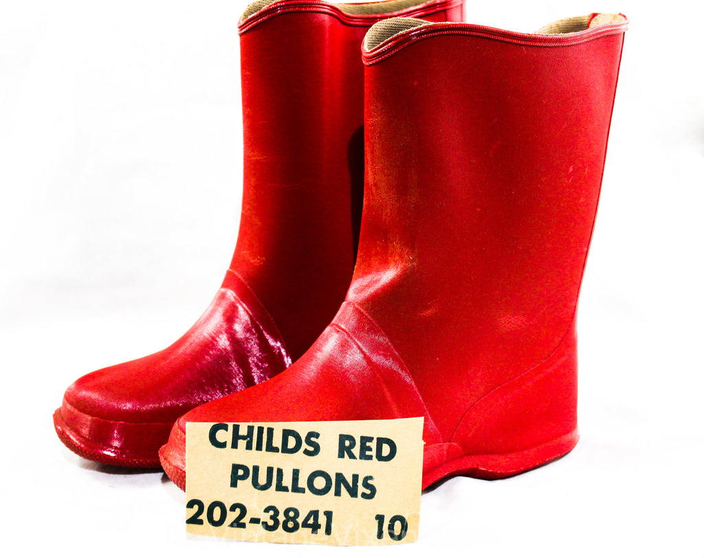 Child Size 10 Red Galoshes - 1950s 60s Child's Glossy Reflective Rain Boots - Waterproof Rubber Wet Weather Children's Shoe - 50s Deadstock