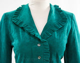 Size 10 Chic Teal Jacket - Vivid Faux Suede with Ruffles - Medium 80s Office Wear - Gorgeous Blue Green Color - Boutique Label - Bust 36.5