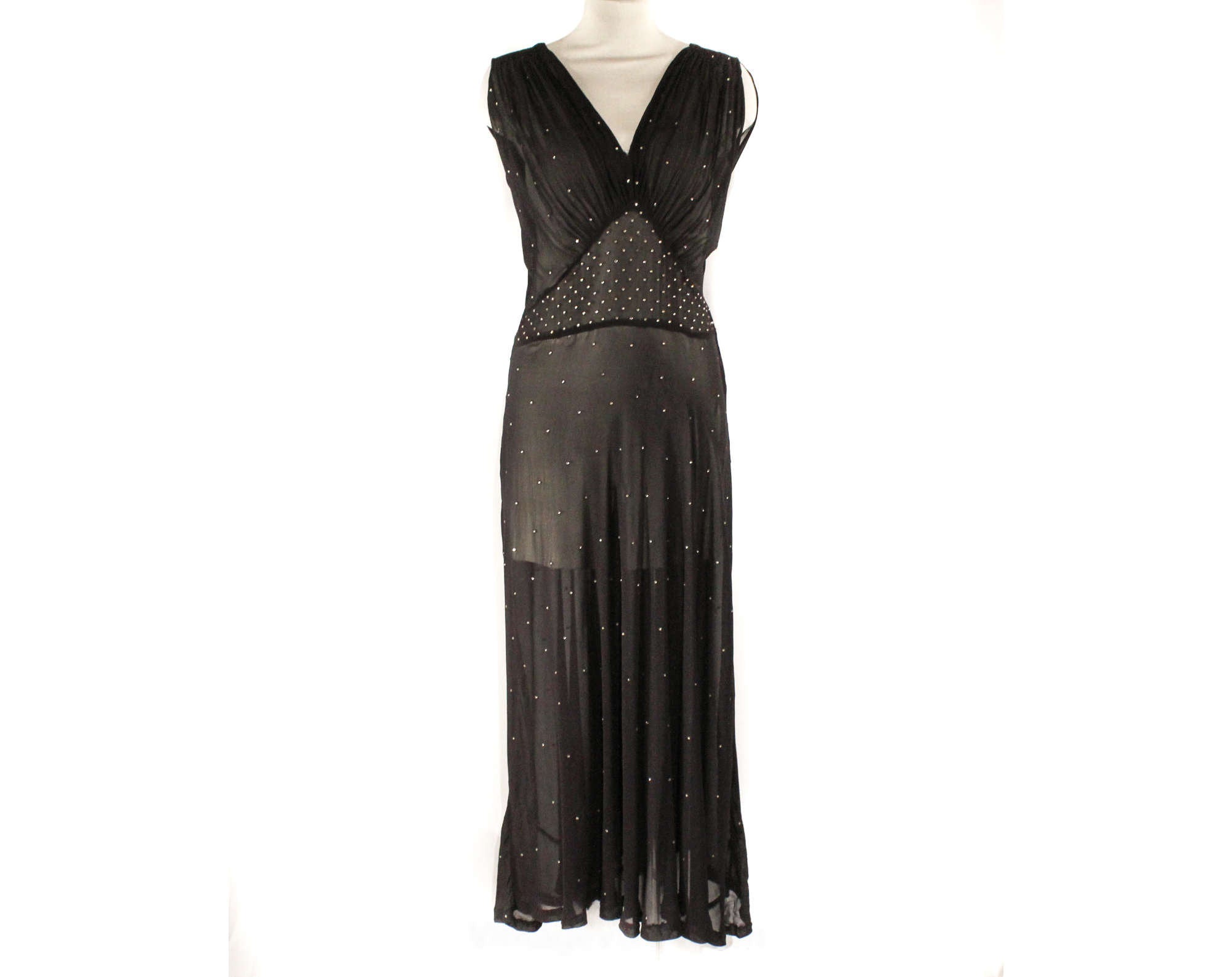 Size 12 1930s Evening Dress - Sheer Black Chiffon & Rhinestones - Auth Vintage Vixen Clothing Size 12 1930s Evening Dress - Sheer Black Chiffon & Rhinestones - Auth Vintage Vixen Clothing