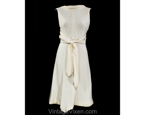 Size 8 Designer Dress - Minimalist 1960s Ivory White Crepe Cocktail by Donald Brooks - Goddess Style Wrap - Gorgeous Quality - Waist 26.5
