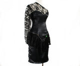 XXS 1980s Bare Shoulder Dress - Sexy One-Shoulder 80s Party Dress - Black Satin & Lace with Rhinestones - 80's Club Girl - Bust 30.5