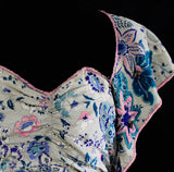 Size 6 1930s Evening Dress - Gorgeous 30s 40s Gray, Teal & Pink Floral Formal Gown with Beaded Swag Neckline - Bolero Style Strapless Silk