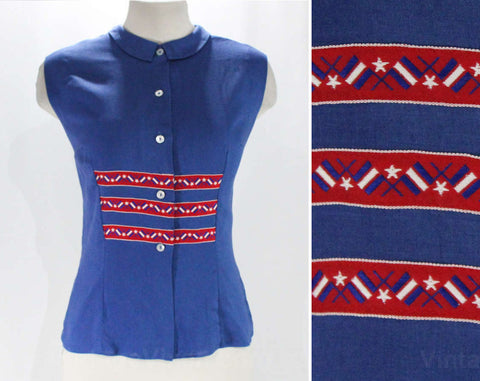 Size 6 McMullen Blouse - 1950s Blue Fine Linen Tailored Top - Red Nautical Flags Shirt - 4th of July Sleeveless 50s Deadstock - Bust 38