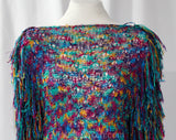 Size 6 1980s Mini Dress - Tropical Turquoise Fuschia Rainbow Sheer Knit - 80s Miami Beach Party Chic - Confetti Fringe Long Sleeve Spring