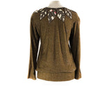 Medium Sparkly Brown Knit Top - Cutout Beaded Leaves - Size 10 Retro 80s Boho Sweater - Sheer Shoulders - Glitzy Shimmer - Bust 39 - 50853