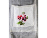 Violet Pansy Print 1950s Apron - Sheer White Cotton Half-Apron with Botanical Spring Flowers Chintz - Size XS to Small - 40s 50s Tea Party